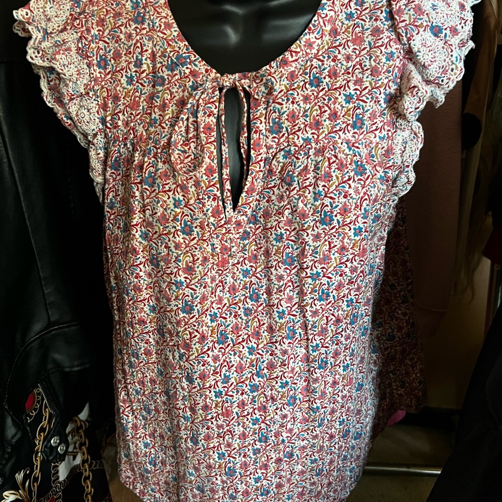 LOFT Red and Blue Floral Blouse